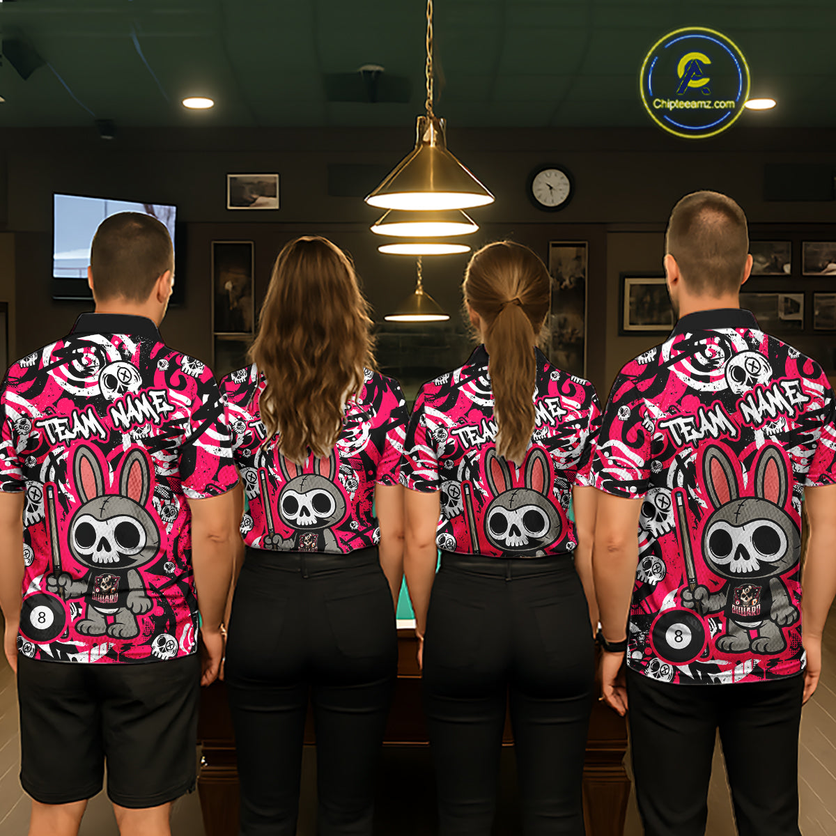 Custom Pink Skull Bunny Billiard Shirt for Men Gothic Billiard Team Jersey Polo & Quarter-Zip BHT30