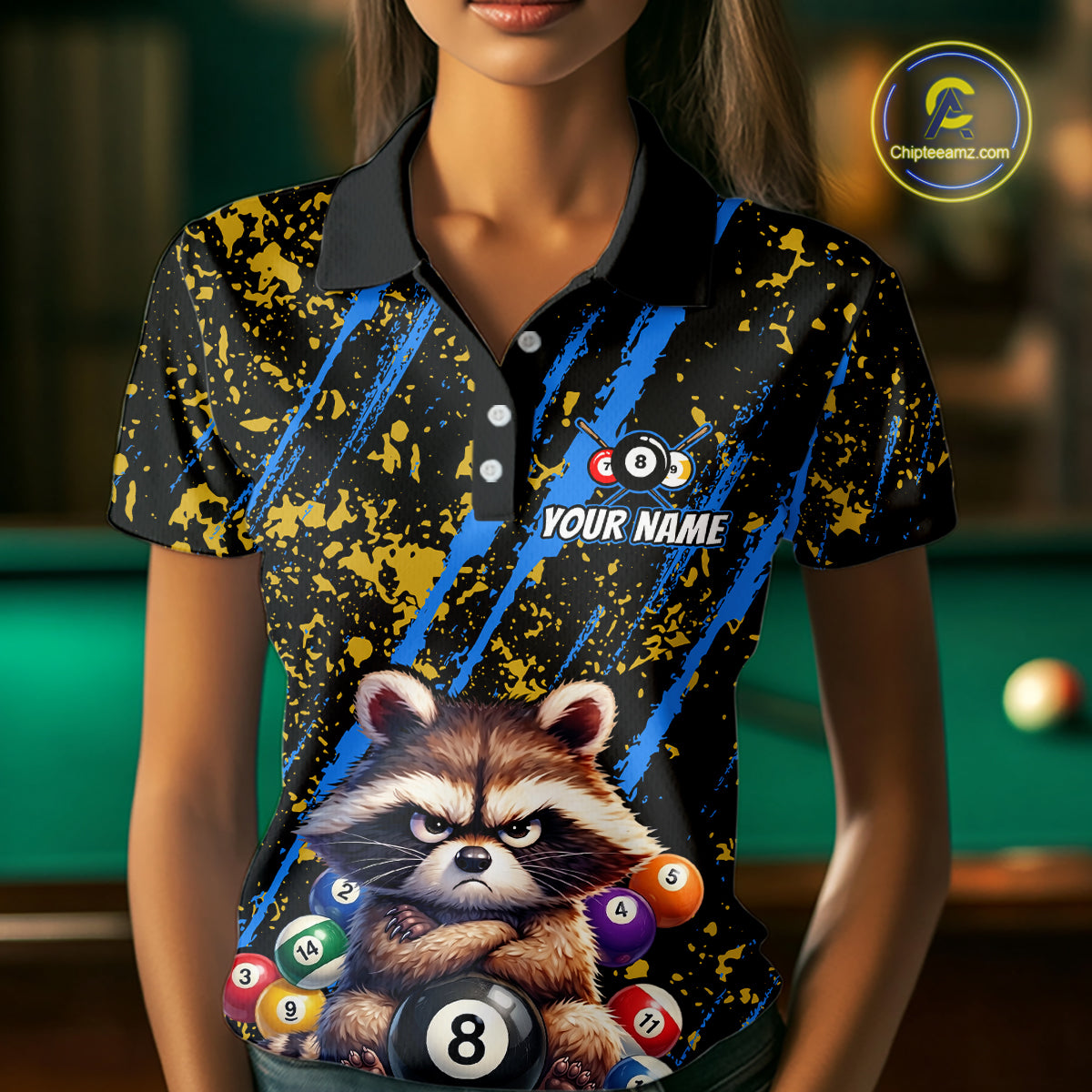 Custom Ugly Raccoon 8 Ball Billiard Shirts for Women Billiard Team Jersey Polo & 1/4 Zip Pool Shirt BHT31