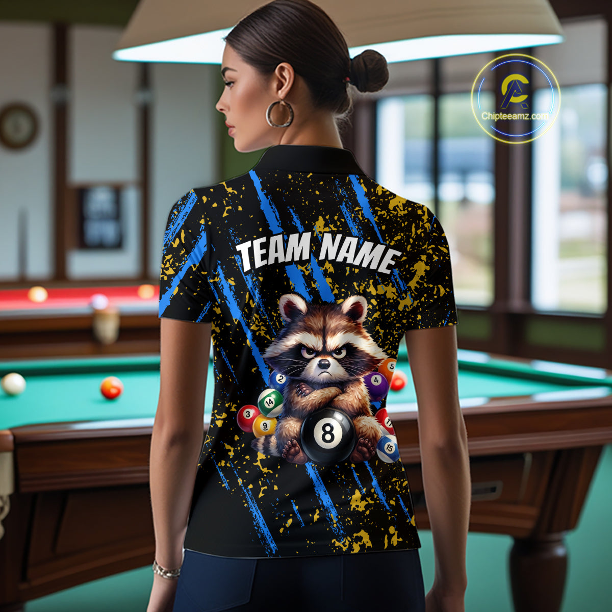 Custom Ugly Raccoon 8 Ball Billiard Shirts for Women Billiard Team Jersey Polo & 1/4 Zip Pool Shirt BHT31