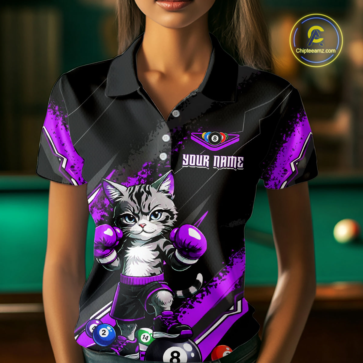 Custom Funny Purple Cat 8 Ball Billiard Shirts for Women Billiard Team Jersey Polo & 1/4 Zip Pool Shirt BHT32