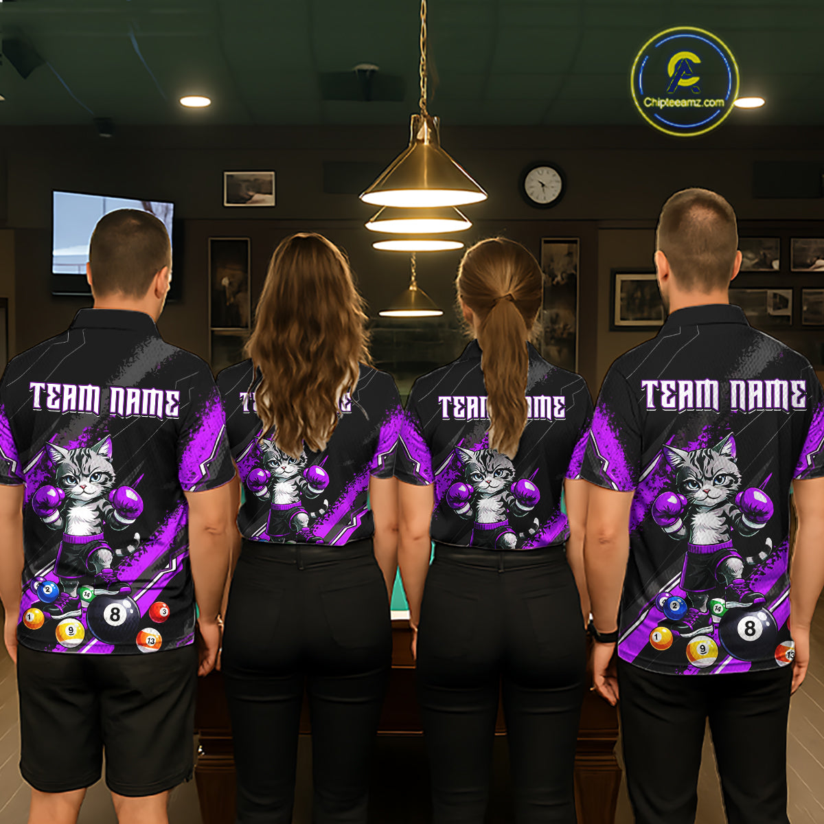 Custom Funny Purple Cat 8 Ball Billiard Shirts for Men Billiard Team Jersey Polo & 1/4 Zip Pool Shirt BHT32