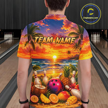 Load image into Gallery viewer, Person wearing a colorful shirt with a beach-themed design in a bowling alley.