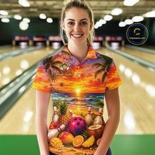 Load image into Gallery viewer, Person wearing a colorful bowling shirt with a tropical design in a bowling alley.