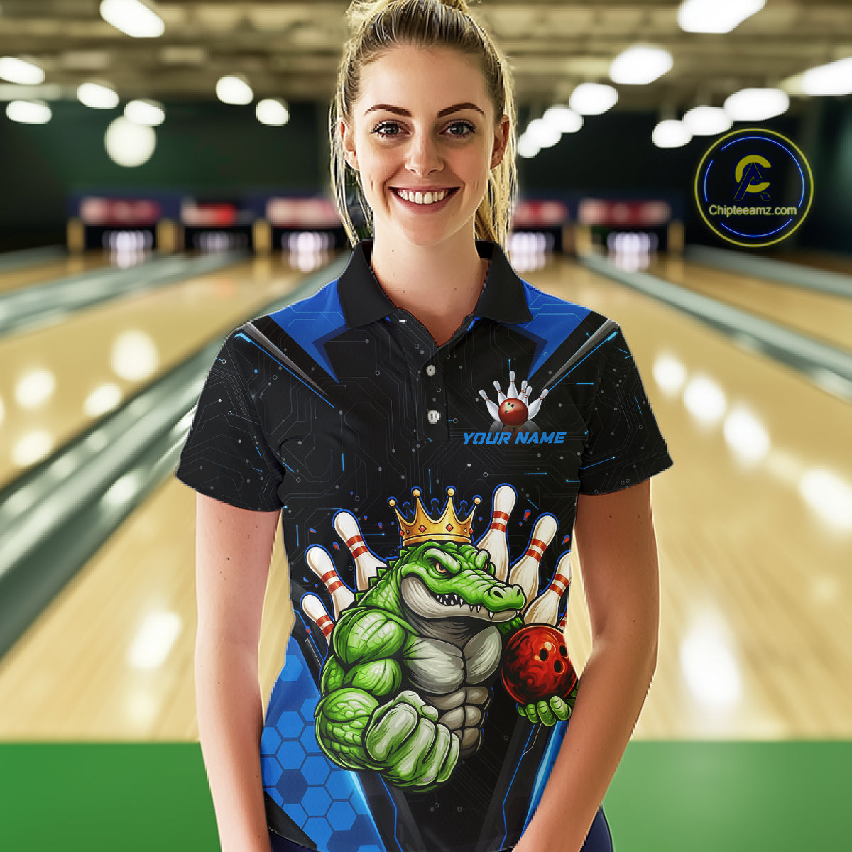 Custom Funny Blue Crocodile Bowling Shirt Alligator Bowling Jersey for Women Polo & 1/4 Zip QZT823