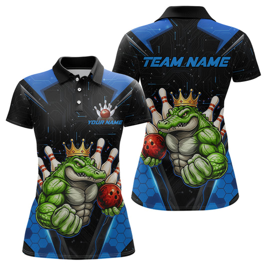 Custom Funny Blue Crocodile Bowling Shirt Alligator Bowling Jersey for Women Polo & 1/4 Zip QZT823