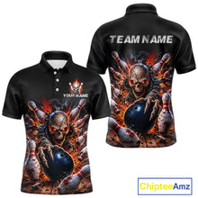 Load image into Gallery viewer, Black polo shirt with fiery skeleton design and customizable text on a white background