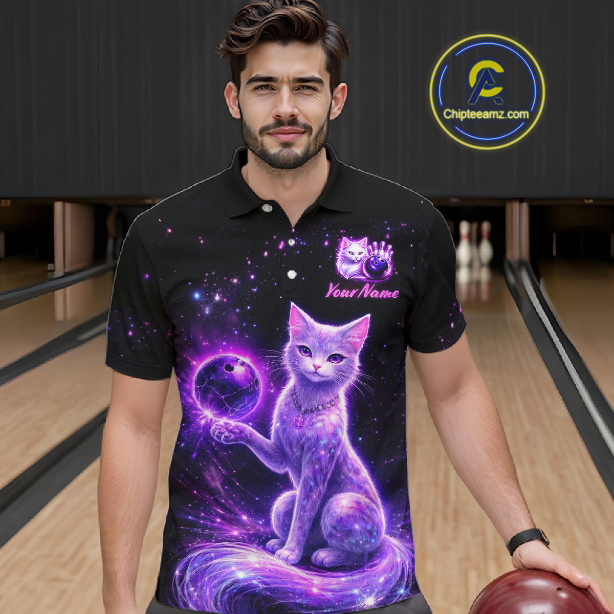 Cat Aurora Galaxy Bowling Shirt  for Men Custom Neon Glow Bowling Jersey Polo & Quarter-Zip QZT968
