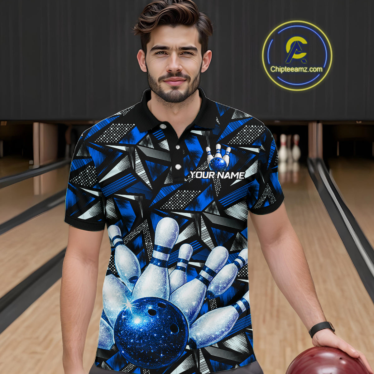 Blue Rhinestone Bowling Shirt for Men Custom Bowling Team Jersey Polo & Quarter-Zip QZT1003