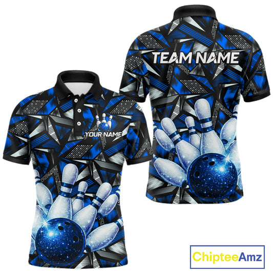 Blue Rhinestone Bowling Shirt for Men Custom Bowling Team Jersey Polo & Quarter-Zip QZT1003