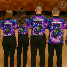 Load image into Gallery viewer, Four people wearing colorful turtle bowling shirts with 'TEAM NAME' text on a bowling alley.