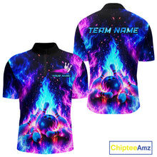 Load image into Gallery viewer, Colorful bowling shirt with flames and bowling elements, featuring 'Team Name' and 'Your Name' text on a white background.
