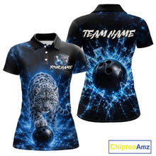 Load image into Gallery viewer, Polo shirt with leopard and bowling ball design on front, and bowling ball and text on back, branded 'Chiptee Amz'.