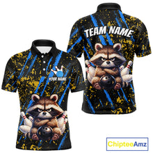 Load image into Gallery viewer, Custom Yellow &amp; Blue Funny Raccoon Bowling Team Shirt for Men Bowling Jersey League Polo &amp; 1/4-Zip QZT882