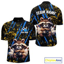 Load image into Gallery viewer, Custom Yellow &amp; Blue Funny Raccoon Bowling Team Shirt for Men Bowling Jersey League Polo &amp; 1/4-Zip QZT882
