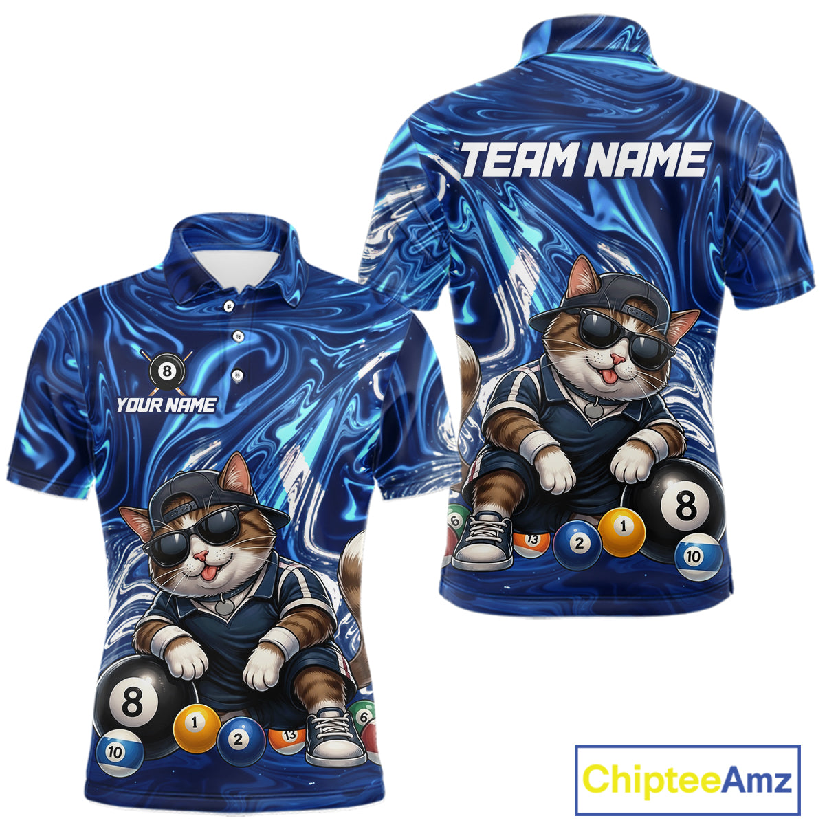 Blue marbled polo shirt with a cat design and 'Team Name' text on a white background.
