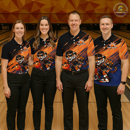 Four people standing in a bowling alley wearing matching custom bowling shirts with a tiger graphic and bowling balls, paired with black pants.