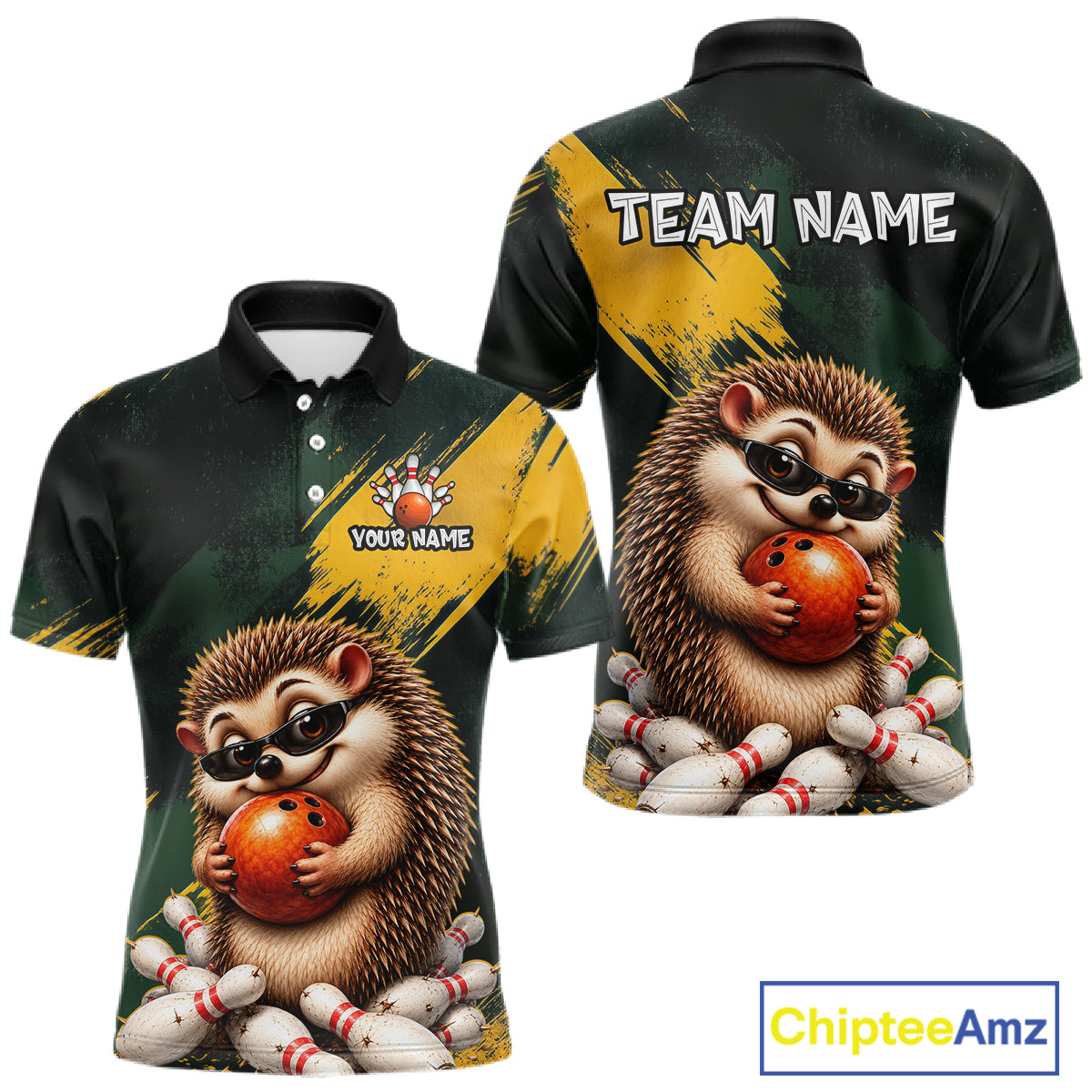 Customizable short-sleeve polo shirt shown from both front and back, featuring a cartoon hedgehog holding a bowling ball with bowling pins, on a black and yellow background. The front has a small customizable chest graphic reading 'YOUR NAME', and the back has 'TEAM NAME' text.