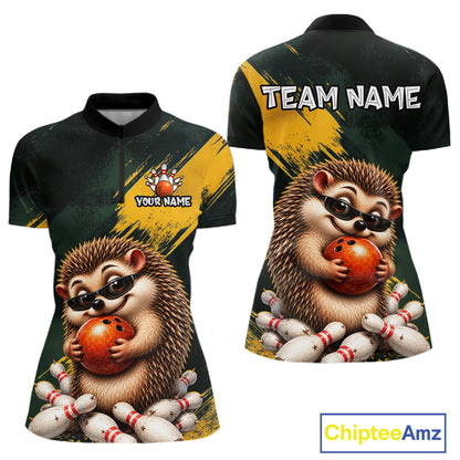 Front and back views of a short-sleeve collared shirt with an all-over bowling-themed graphic featuring a cartoon hedgehog holding a bowling ball among pins, plus customizable text areas reading TEAM NAME and YOUR NAME. The shirt has a black and dark green base with bold yellow brushstroke panels.