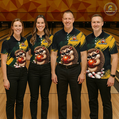 Four people standing in a bowling alley wearing matching custom bowling shirts with a cartoon hedgehog graphic and black pants. The shirts feature a dark green and yellow design with the text 'YOUR NAME' and a bowling pin logo.