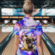 Load image into Gallery viewer, Person wearing a colorful bowling shirt with a pug design and 'Team Name' text in a bowling alley.
