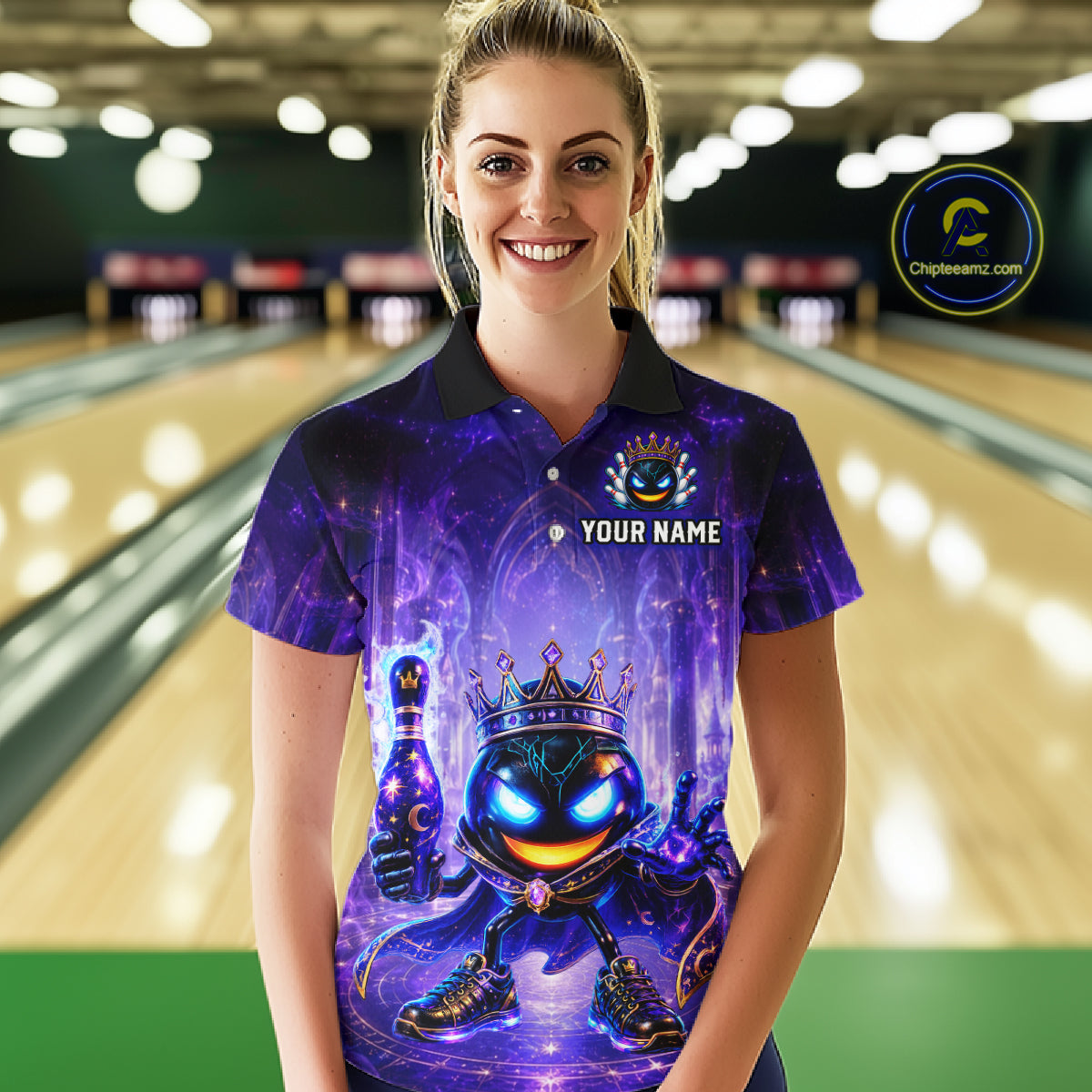 Person wearing a custom bowling shirt with a design and text overlay in a bowling alley.
