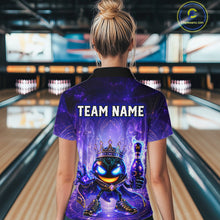 Load image into Gallery viewer, Person wearing a purple bowling shirt with a team name design in a bowling alley.