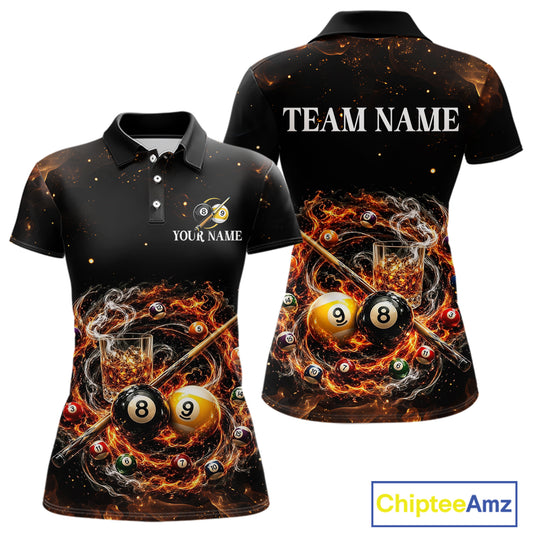 Black polo shirt with fiery design and customizable text on a white background