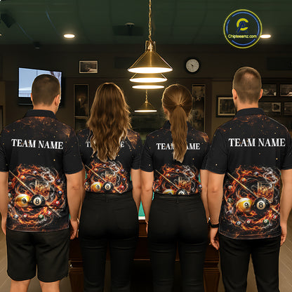 Four people wearing matching bowling shirts with a fiery design and 'Team Name' text in a pool hall.