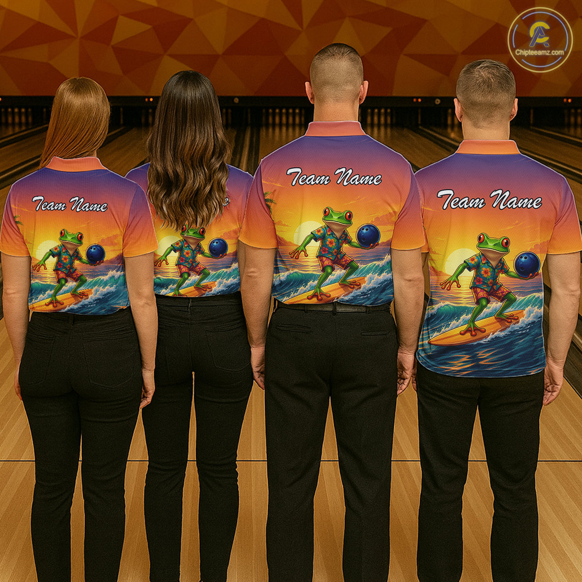 Four people standing with their backs to the camera in a bowling alley, wearing matching custom bowling shirts with a colorful frog surfing graphic and 'Team Name' text on the back.