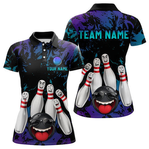 Teal Purple Funny Bowling Team Shirt for Women Custom Bowling League Jersey Polo Bowler Outfit QZT781