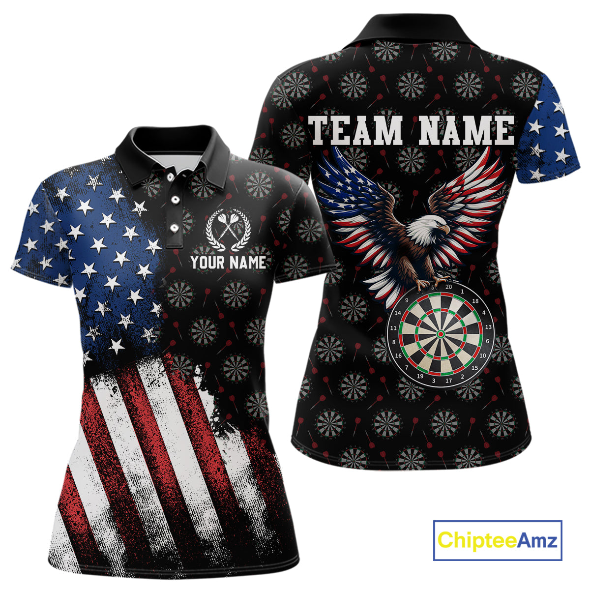 Front and back views of a custom black darts polo shirt for women, featuring a grunge American flag pattern, a majestic eagle over a dartboard, and personalized text.