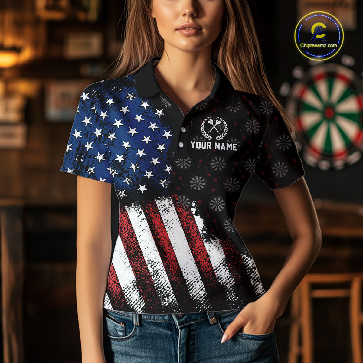 Female model wearing a personalized darts polo shirt highlighting a half-shirt grunge US flag print and a custom darts wreath logo on the chest