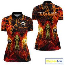 Load image into Gallery viewer, Two polo shirts with fiery design and skeleton holding billiard balls, featuring 'Team Name' and 'Chiptee Amz' branding.