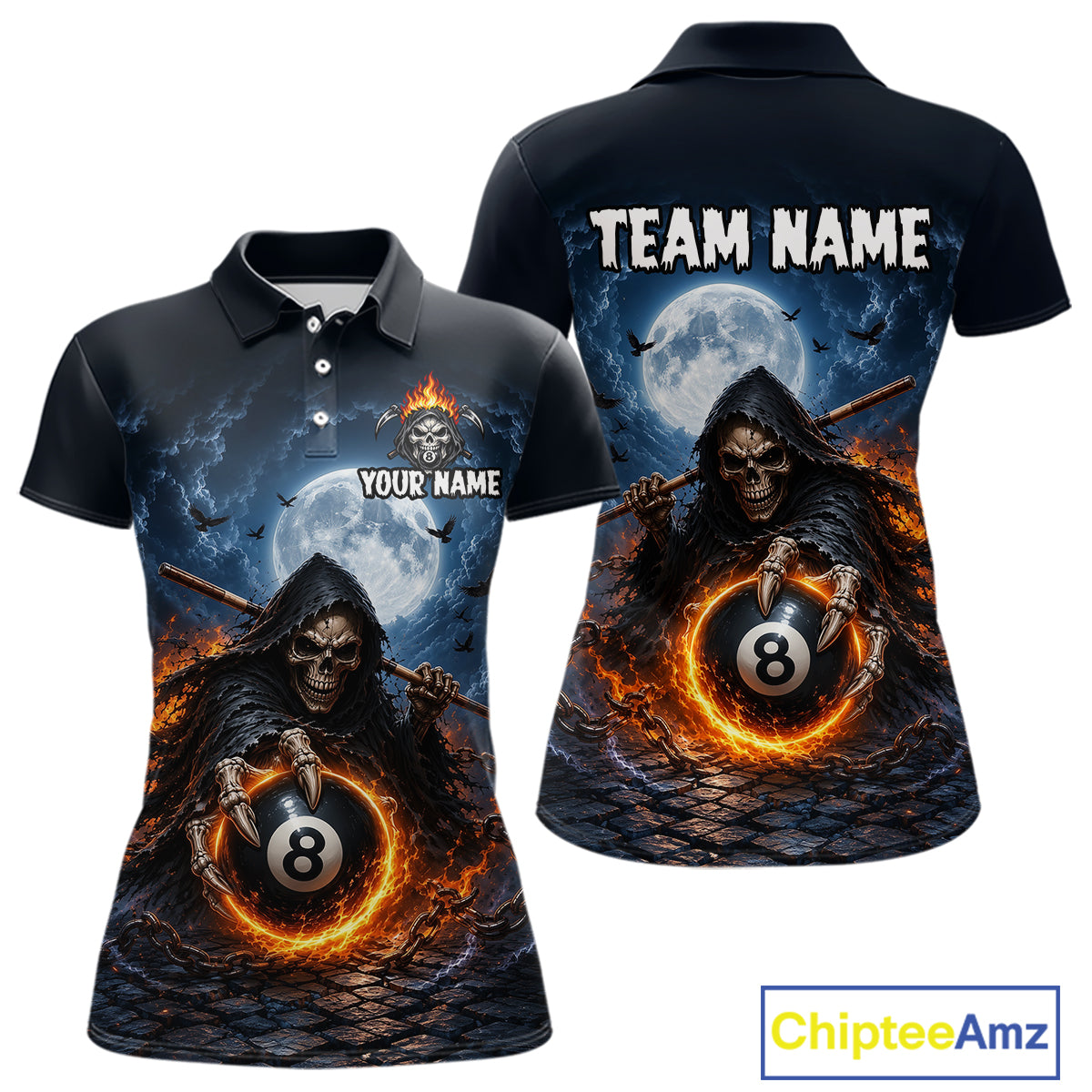 A women's short-sleeve polo shirt shown from the front and back on a white background. The shirt features a dark gothic Halloween graphic of a hooded grim reaper holding a flaming billiard 8-ball, with a full moon and bats in the background.