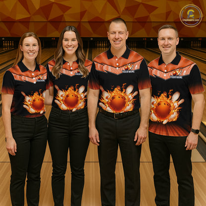 Orange Flame Bowling Team Shirt Customized Polo & Quarter-Zip Bowling Team Jersey for Women QZT838
