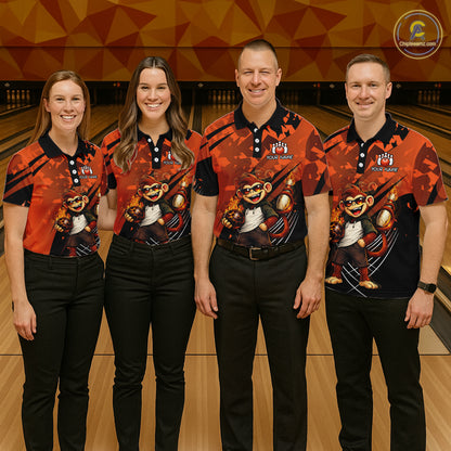 Four people standing together in a bowling alley wearing matching custom bowling shirts with a orange, and black camouflage pattern and a cartoon monkey graphic.