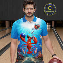 Load image into Gallery viewer, Man wearing a colorful polo shirt with a lobster design on a bowling alley.