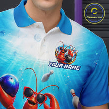 Load image into Gallery viewer, Person wearing a blue and white polo shirt with a cartoon lobster design and 'Your Name' text.