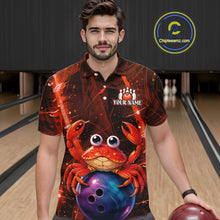 Load image into Gallery viewer, Man wearing a bowling shirt with a crab design in a bowling alley.