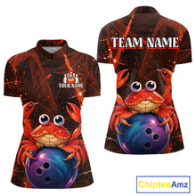 Load image into Gallery viewer, Two bowling shirts with crabs and a bowling ball design, one with 'Your Name' and the other with 'Team Name'.