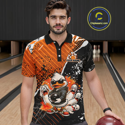 Custom Orange Funny Duck Bowling Team Shirt for Men Bowling League Jersey Polo & Quarter-Zip QZT895