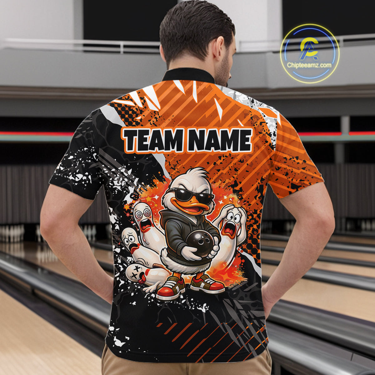 Custom Orange Funny Duck Bowling Team Shirt for Men Bowling League Jersey Polo & Quarter-Zip QZT895