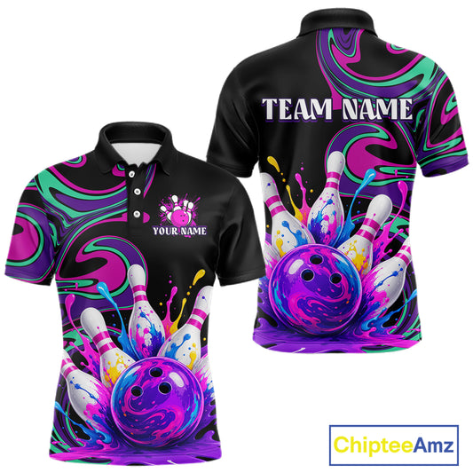 Black bowling-themed polo shirt with colorful design and space for customization on a white background.