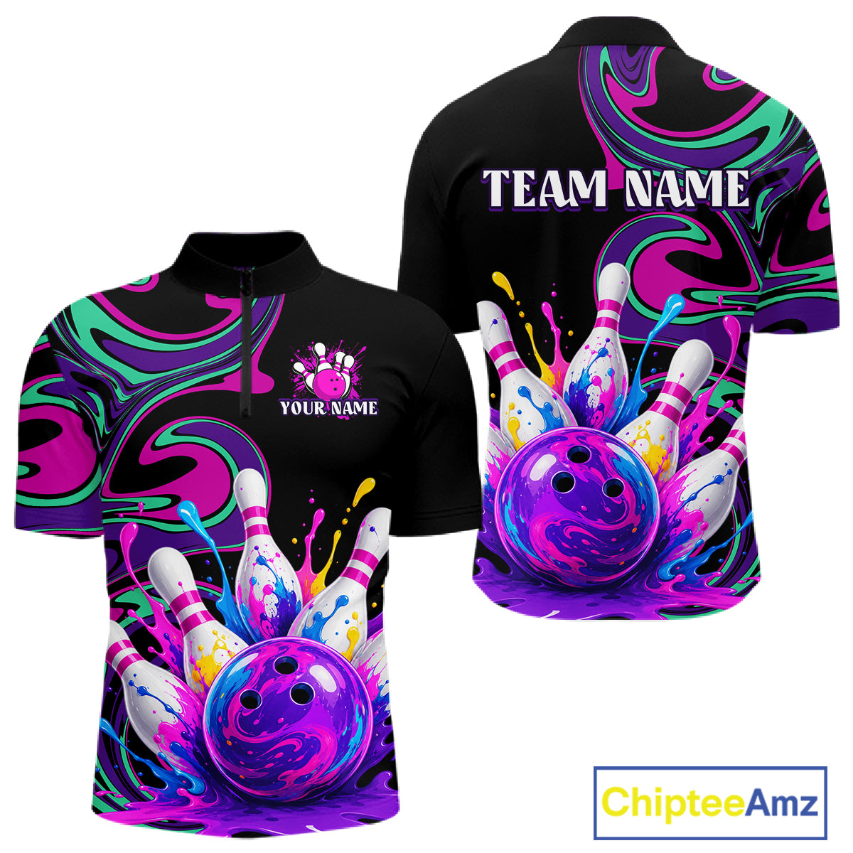 Bowling-themed shirt with colorful design and 'Team Name' text on a white background