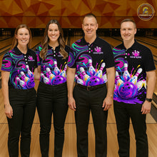 Load image into Gallery viewer, Four people wearing colorful bowling-themed shirts in a bowling alley.
