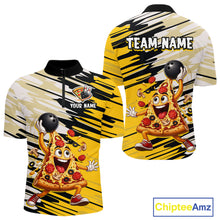 Load image into Gallery viewer, Yellow and black bowling jersey with cartoon pizza design and 'Team Name' text on a white background.