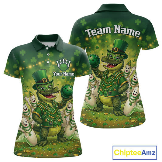 Custom Green Funny Alligator Bowling Shirt Samrock Pattern Bowling St. Patrick's Day for Women QZT935