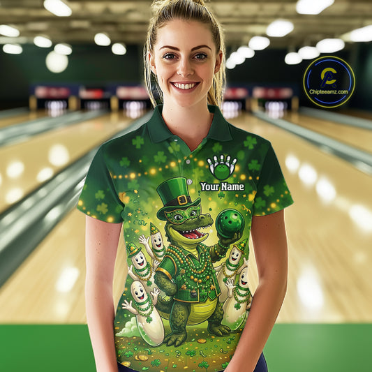 Custom Green Funny Alligator Bowling Shirt Samrock Pattern Bowling St. Patrick's Day for Women QZT935