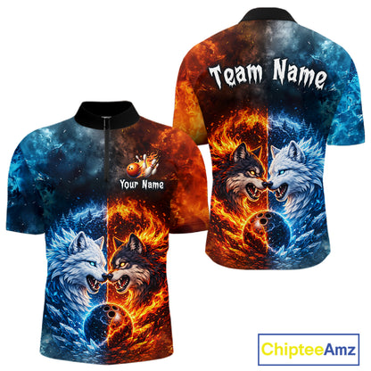 Fire and Ice Wolf Bowling Team Shirt Custom Bowling League Jersey for Men Bowling Polo & 1/4-Zip QZT937