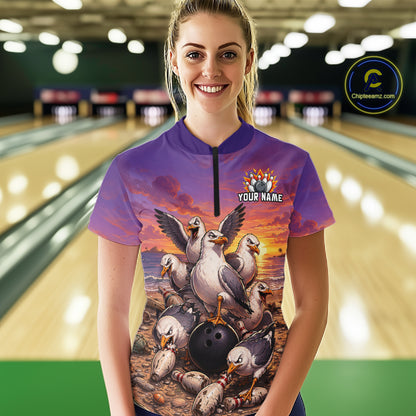 Custom Sunset Funny Gull Team Bowling Shirt for Women Bowling League Jersey Polo & Quarter-Zip QZT1017